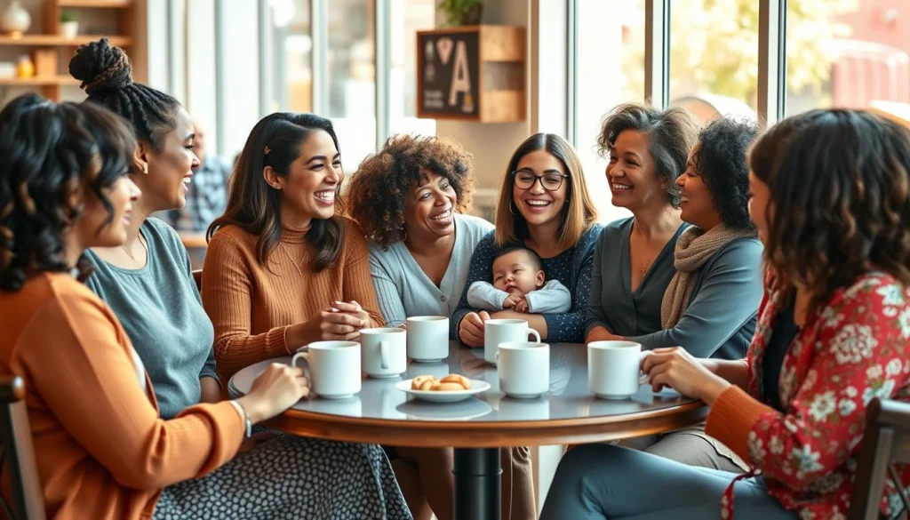 Grupo de mães conversando e rindo em um café, compartilhando experiências sobre como a mãe perfeita não existe Grupo de mães conversando e rindo em um café, compartilhando experiências sobre como a mãe perfeita não existe