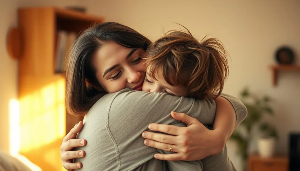 Mãe abraçando seu filho com amor, demonstrando que mesmo sem ser perfeita, o amor é o que importa, ilustrando que a mãe perfeita não existe Mãe abraçando seu filho com amor, demonstrando que mesmo sem ser perfeita, o amor é o que importa, ilustrando que a mãe perfeita não existe