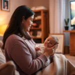 Mãe com bebê em ambiente aconchegante assistindo televisão com iluminação suave
