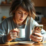 Mãe exausta segurando uma xícara de café enquanto olha para o celular com imagens de 'mães perfeitas' nas redes sociais, ilustrando que a mãe perfeita não existe