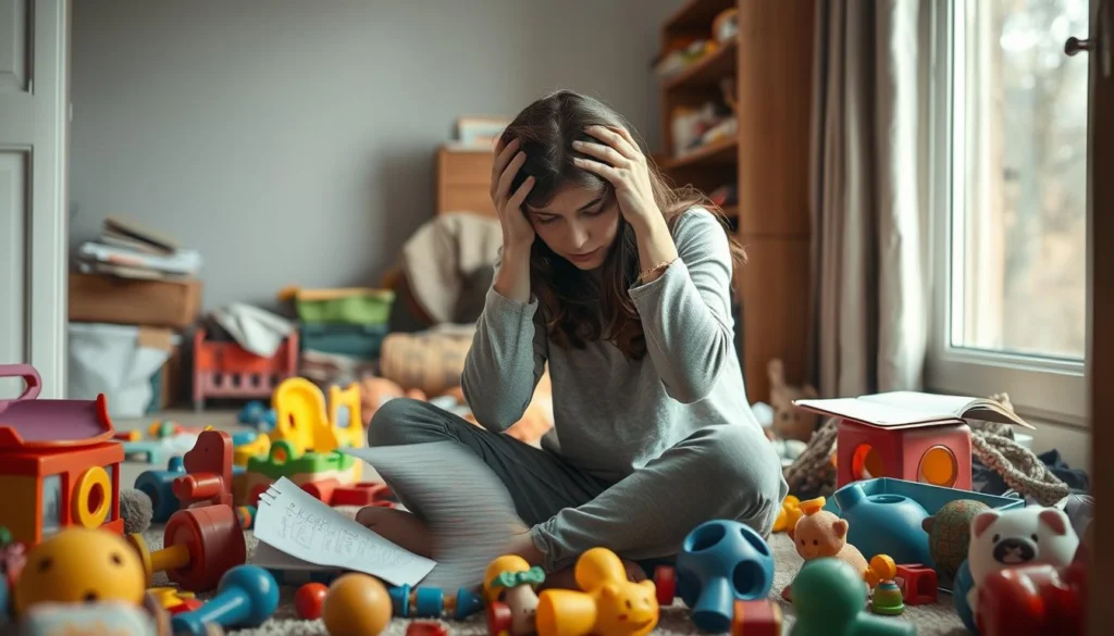 Mãe exausta sentada no chão entre brinquedos, demonstrando o burnout materno causado pela busca da perfeição, mostrando que a mãe perfeita não existe Mãe exausta sentada no chão entre brinquedos, demonstrando o burnout materno causado pela busca da perfeição, mostrando que a mãe perfeita não existe