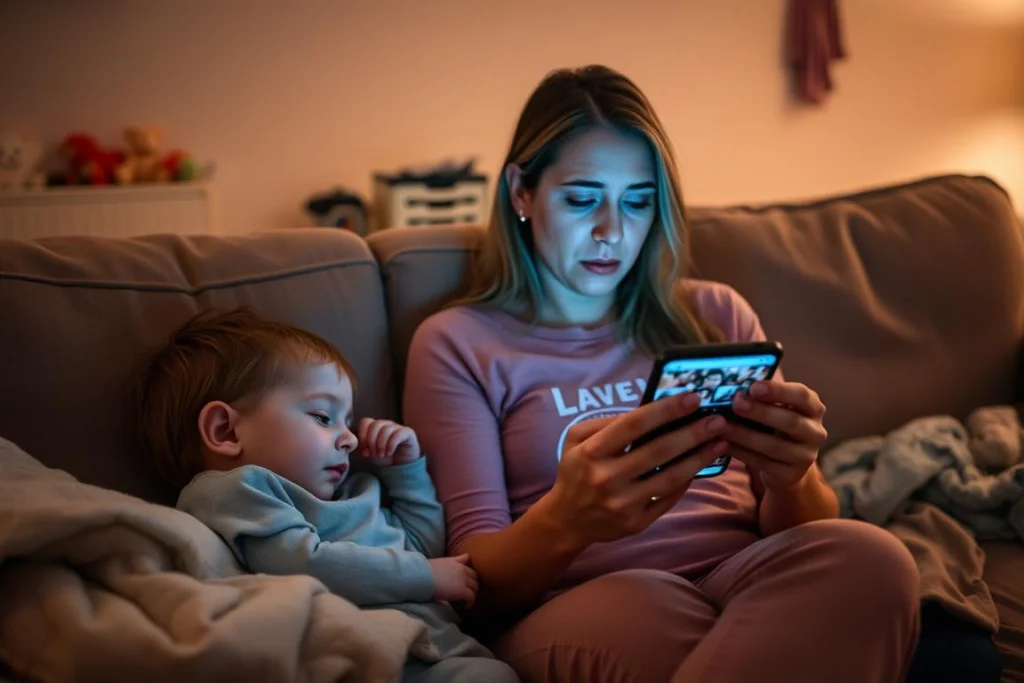 Mãe olhando para o celular com expressão de tristeza enquanto compara sua vida com outras mães nas redes sociais, demonstrando como a mãe perfeita não existe Mãe olhando para o celular com expressão de tristeza enquanto compara sua vida com outras mães nas redes sociais, demonstrando como a mãe perfeita não existe