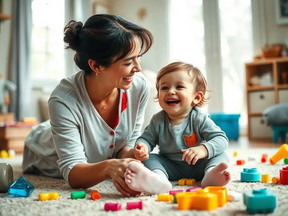 Mãe sorrindo enquanto brinca com seu filho em um momento imperfeito mas autêntico, ilustrando que a mãe perfeita não existe Mãe sorrindo enquanto brinca com seu filho em um momento imperfeito mas autêntico, ilustrando que a mãe perfeita não existe