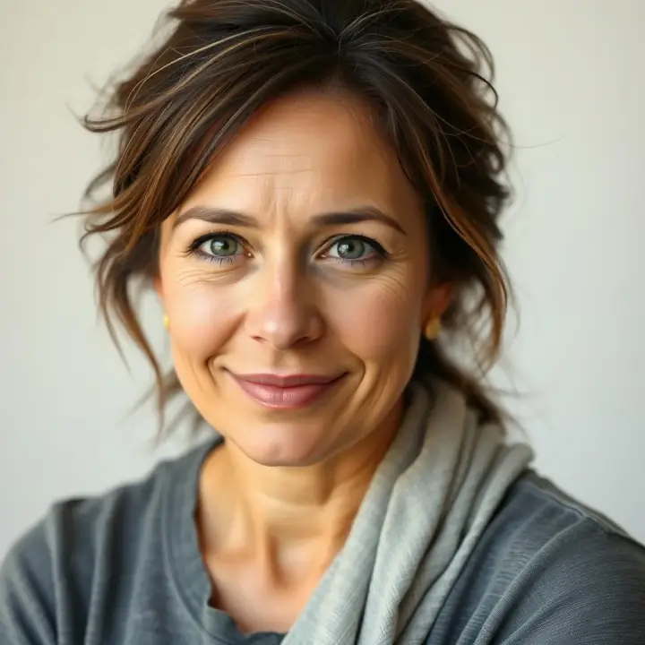 Retrato de uma mãe com expressão serena, representando a história de Carla que aceitou que a mãe perfeita não existe Retrato de uma mãe com expressão serena, representando a história de Carla que aceitou que a mãe perfeita não existe