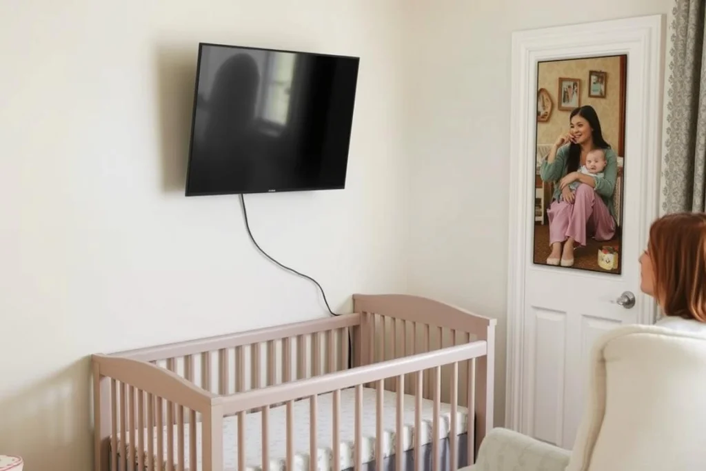 TV com design seguro montada na parede acima do berço TV com design seguro montada na parede acima do berço
