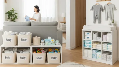 fraldas e roupas organizados no dia a dia